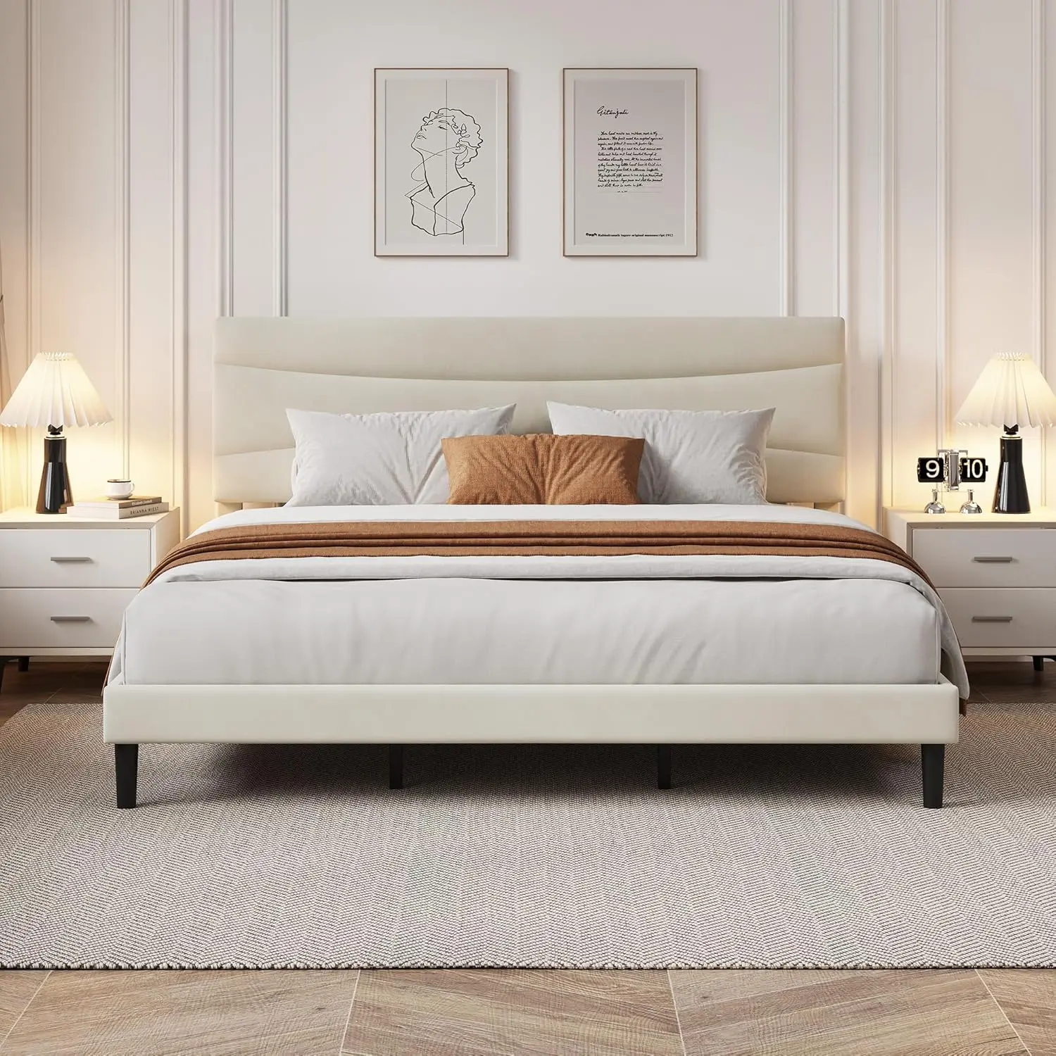 Modern Minimalist Upholstered Platform Bed Frame with Headboard, Wood Slats Support, No Box Spring Needed, Easy Assembly