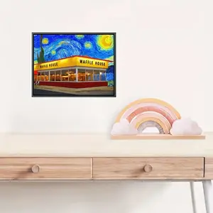 [2D Flat] One Piece of Vibrant Starry Sky Canvas Art Featuring a Warmly Lit Waffle House Scene, Perfect for Decorating Your Living Room Or As a Festive Gift, Unframed.