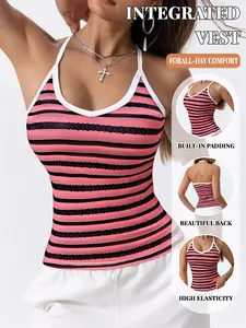 Integrated Padded Halter Striped Camisole, V-neck Waist Slimming, No Bra Needed Tummy Control Top