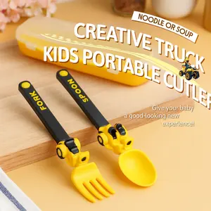 Motorcycle Design PP Tableware 2pc Fork & Spoon Set with Storage Box Soft Grip Antibacterial Lightweight Dishwasher Safe for Kids Home School Travel