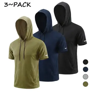 (Choose One Size Larger) Men's 3/6 Pack Short Sleeve Sports Hoodies 4-way Stretch, Solid Color Breathable Versatile Tshirts, Casual Athletic Quick Dry Pullover, Summer Fashion Lightweight Gym Workout Tops Tee Oversizes