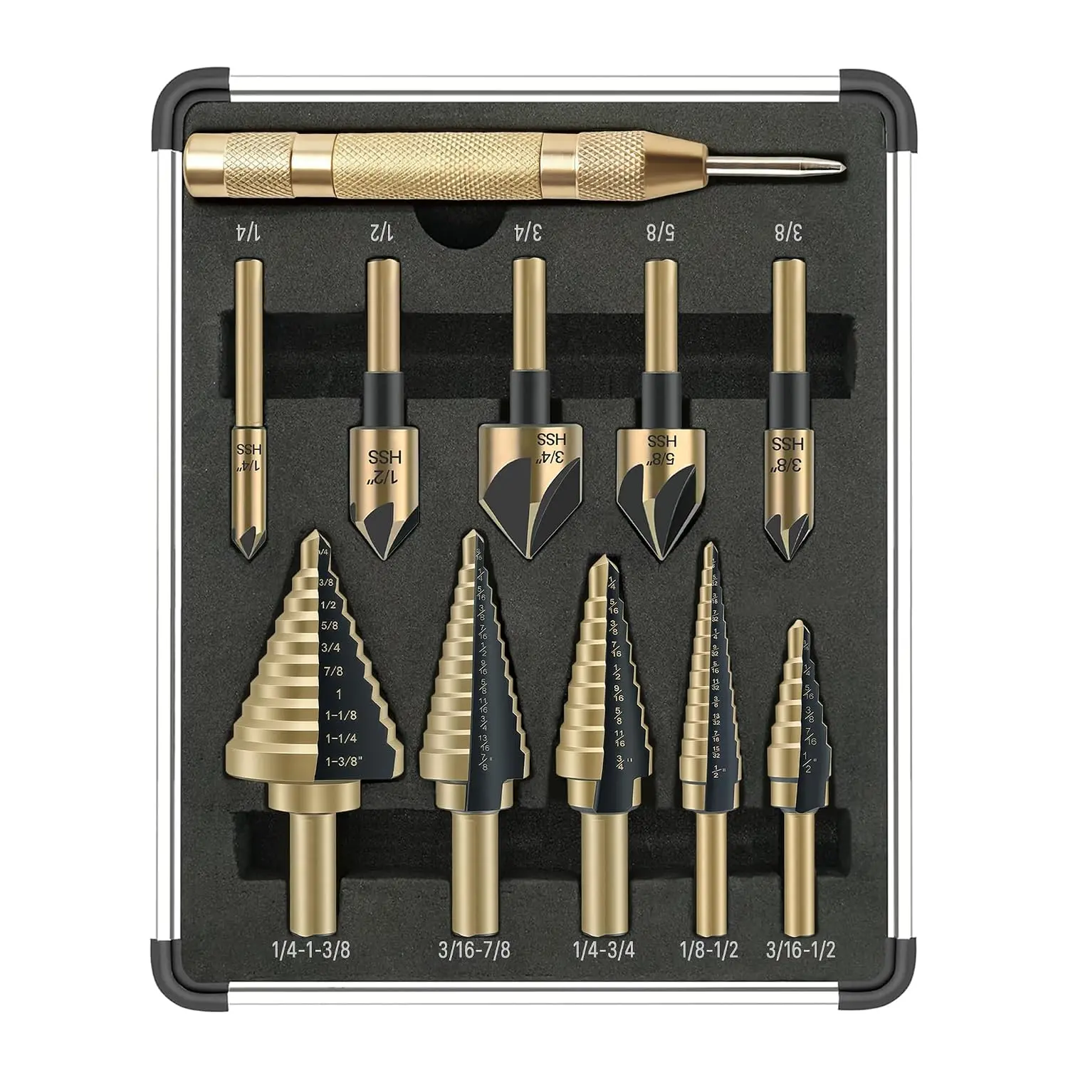 HSS Titanium Coated Drill Set - 5 Step Pieces, 5 Countersink Pieces (50 Sizes), Fits Metal, Stainless Steel, Aluminum, Wood, Plastic, with Aluminum Storage Case for DIY Machining Projects