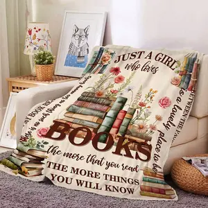 [Book Lover's Floral Blanket] Book Lover's Floral & Bookshelf Design Flannel Blanket - Soft All-Season Throw with "Just a Girl Who Loves Books" Quote, Vibrant Colors, Machine Washable for Bed, Couch, or Reading Nook, Cozy Blanket, Bed And Couch Throw, Con