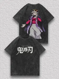 valentine shirts Men's Retro Vintage Distressed Double-Sided T-Shirt - Demon Slayer Upper Rank 2 Douma Print, Loose Comfortable Anime Style Short-Sleeve