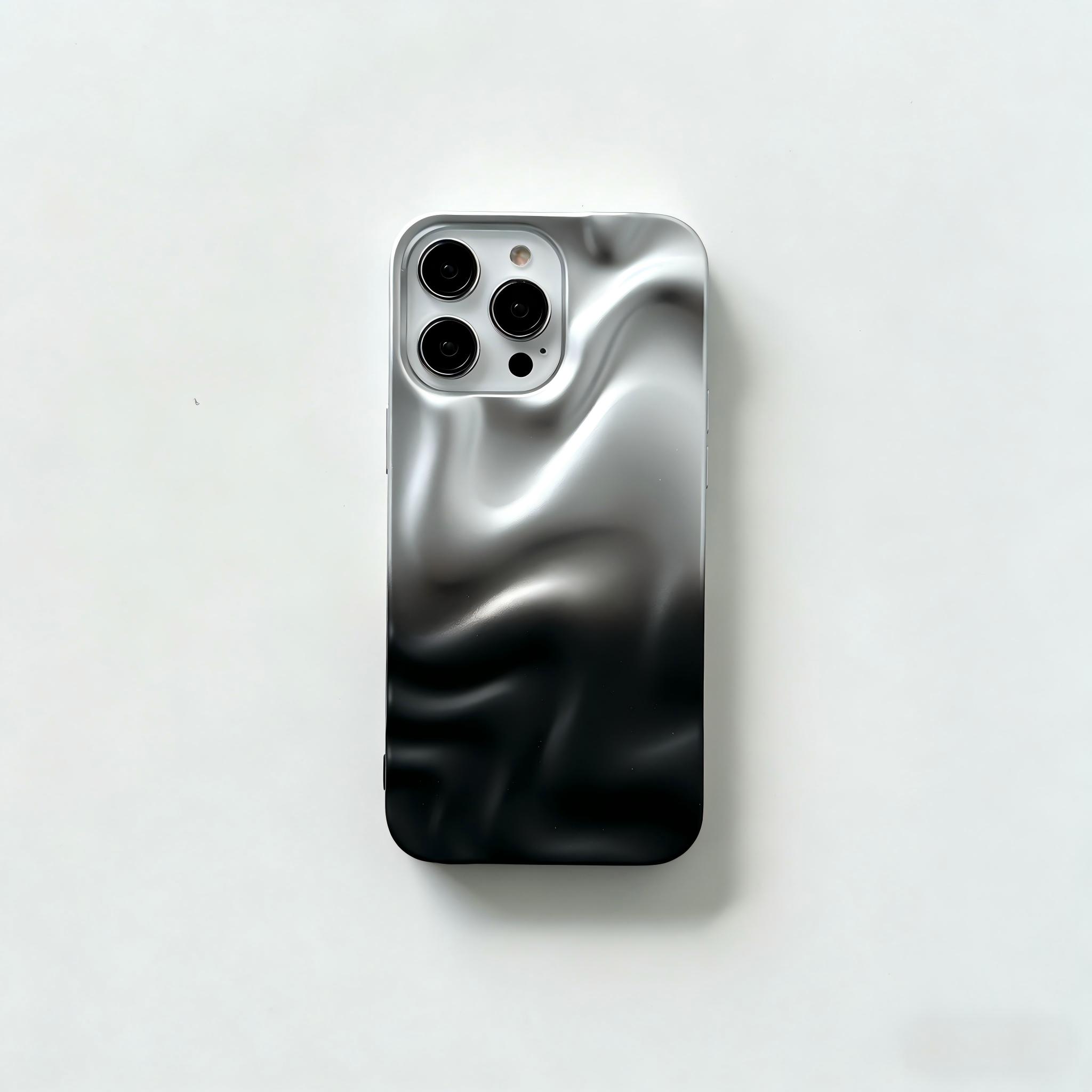 （Case & Nova.） Sleek minimalist black–silver gradient 3D wave phone case for iPhone 17 Pro Max, 16 Plus, 15, 14, 13, 12, 11 models; vintage luxury aesthetic design junk
