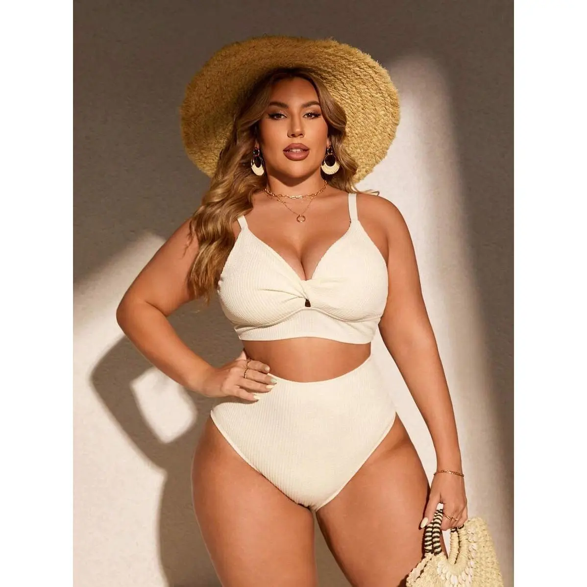 Women's Plus-Size High Waisted Beach Bikini Swimsuit Set - Milky White Textured, Fashionable Flattering, Stretch Polyester Blend, Plus Size Swimsuits, Bikinis Set