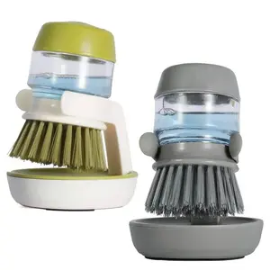 Eco-Friendly Kitchen Scrub Brush with Soap Dispenser and Holder Comfortable Cleaning Hand Scrubber Tool Cleaner Grey