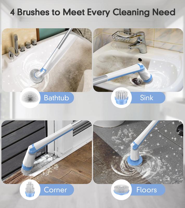 Electric Spin Scrubber with Display, IPX7 Waterproof Powerful Shower Scrubber, 2H Runtime, 2 Speeds, Adjustable Handle, 5 Brush Heads, Cleaning Brushes for Household Use Bathtub Tile Car