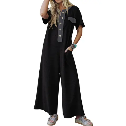 Fisoew Women's Casual Loose Short-Sleeve Jumpsuits - V-Neck, Button-Down, Wide-Leg Long Pant Overalls with Front and Side Pockets, Colorblock Design for Summer Party Wear #Springtok #TikTokShopJumpstartSale