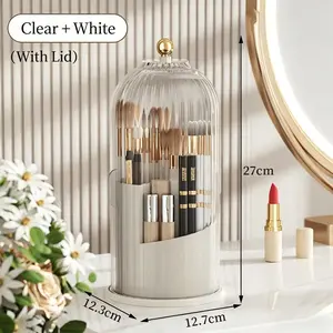 360° Rotating Makeup Brush Holder with Dustproof Clear Lid Spinning Vanity Organizer for Brushes Lipsticks & Countertop Storage Large Capacity Multi-Compartment Design Sturdy & Easy to Clean Jewelry Skull Box