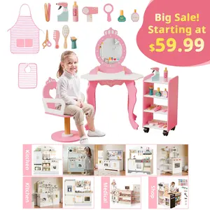 LALAHO Makeup Toys, Grocery Store Toys, Wooden Play Kitchen for Kids, Pretend Kitchen Playset with Toy Double-Door Refrigerator, Storage Space & Cooking Set Accessories for 3+ Years Old Girls and Boys