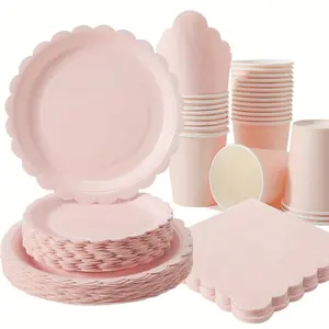 This all-pink 50-piece disposable tableware set, Festival party tableware, includes 10 dinner plates, 10 dessert plates, 10 paper cups, and 20 napkins and is perfect for camping, picnics, and birthday parties