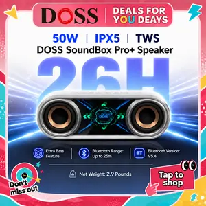 DOSS SoundBox Pro+ P400 Bluetooth Speaker - 50W Stereo Audio, Dual Subwoofer Bass, Phantom Mirror Light Show, Weatherproof Wireless Party Speaker, Included Cable Cool Gadget, Teen Boy Gifts for Outdoor Use, Father's Day Gifts