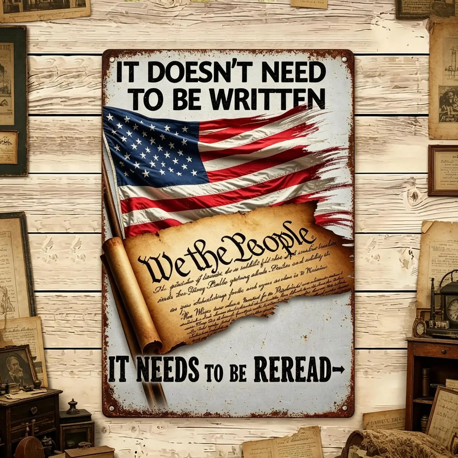 We The People It Doesn't Need To Be Written It Needs To Be Reread Metal Sign, 4th Of July Patriotic American Flag Wall Decor, Vintage USA Independence Day Art For Home Man Cave