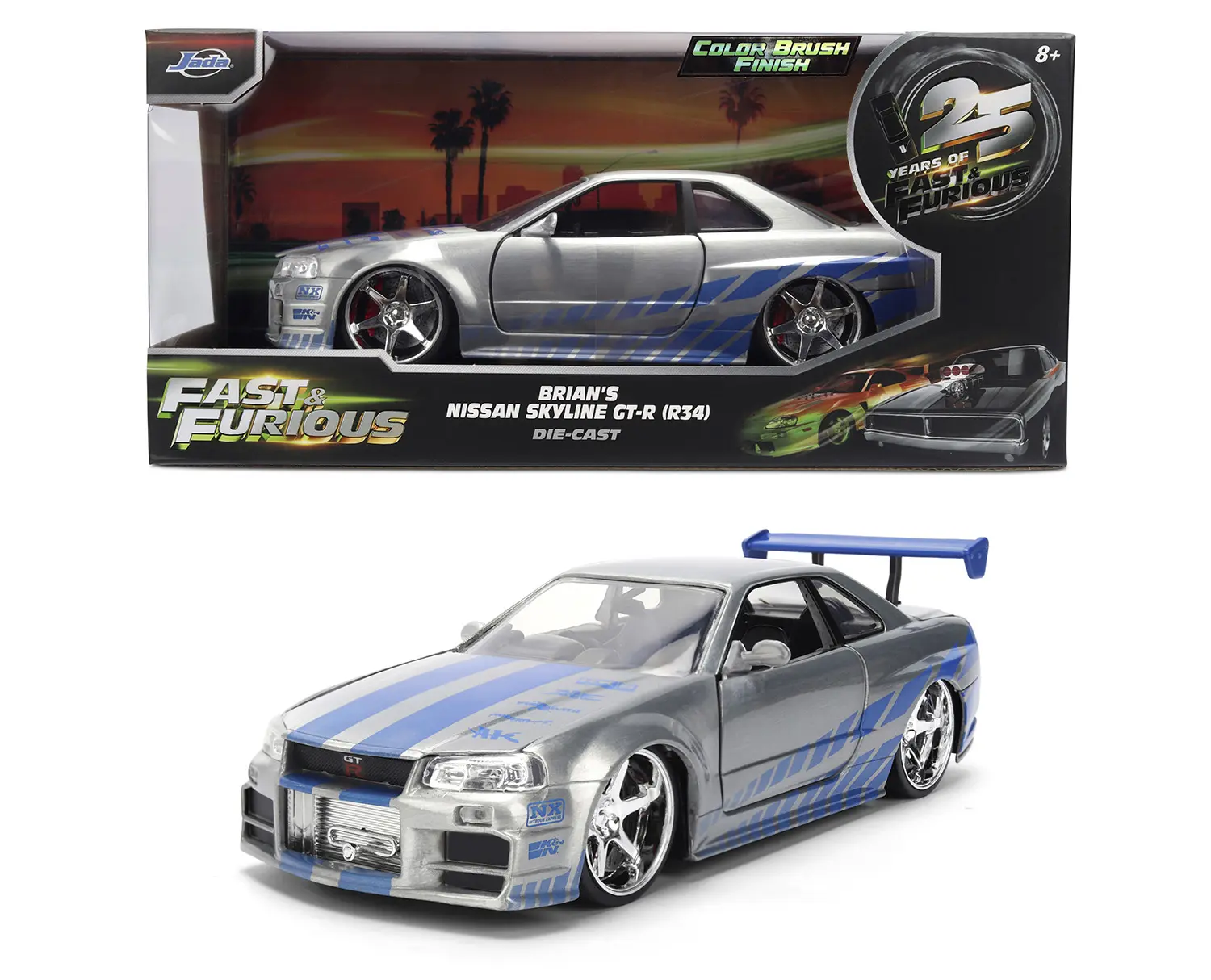 Fast & Furious 25th Anniversary Edition 1:24 Brians 2002 Nissan Skyline GT-R BNR34 in Brush Finish Color by Jada
