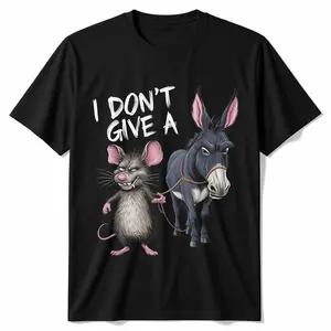 Funny "I Don't Care" Mouse and Donkey Graphic T-Shirt - 180g Cotton Vintage Loose Short Sleeve Crew Neck Casual T-Shirt, Machine Washable Humor Design