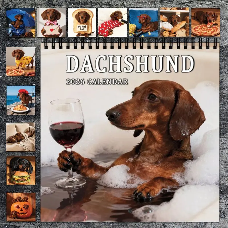 2026 Dachshund Calendar Planner - Doodle Typography Calendar, Calendar Design, Large Grid Monthly Layout with Dachshund Photos, Covering January to December 2026 - Gift for Dog Lovers, Perfect for Home and Office Organization