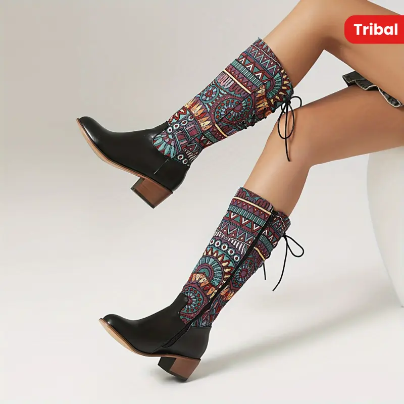 Women's Chelsea Ankle Boots, Tribal All Over Print Fabric Shoe with a Square Toe, Mid Block Heel, and Rubber Sole for Casual All Seasons Wear