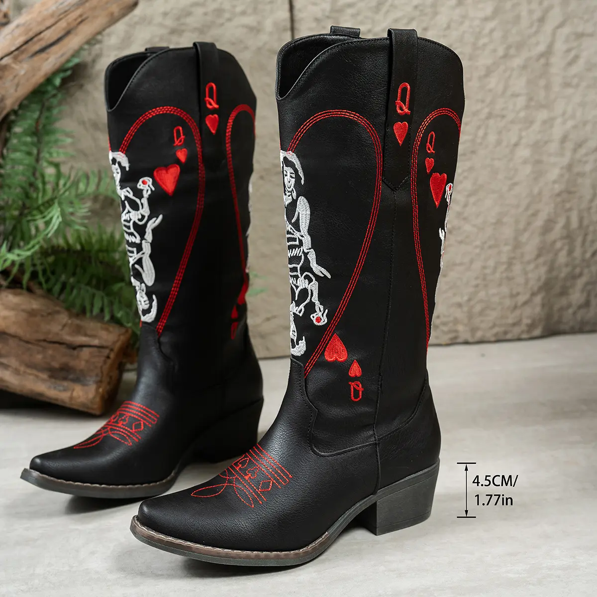 Fomoti Women's Shoes, Bold Queen of Hearts Skeleton Print Cowboy Western Boots