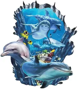 3D Broken Wall Undersea Ocean World Dolphins Wall Stickers, Removable Vinyl Peel and Stick Walls Decals for Teens Bedroom Dorm Room Home Decoration Beach House Apartment Indoor Art Decor