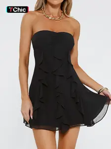 Strapless Solid Party Dress Women Sexy Occasion Wear Daily Outfit Flare Mini Dress