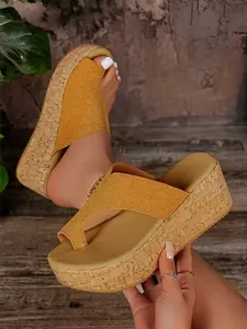 2026 New Yellow Suede Cross Strap Platform Wedge Sandals Women Summer Thick Platform Peep-Toe Flip-Flops Fashion Casual Outdoor Vacation Beach Shoes Versatile Height-Extending Lazy Sandals