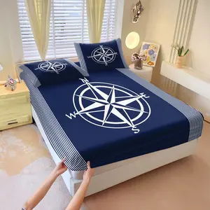 Navy blue nautical-themed printed fitted sheet set,Includes 1 Fitted Sheet & 2 Pillowcases without Filler,Simple and elegant style,Creates a romantic vacation atmosphere,Suitable for all seasons.