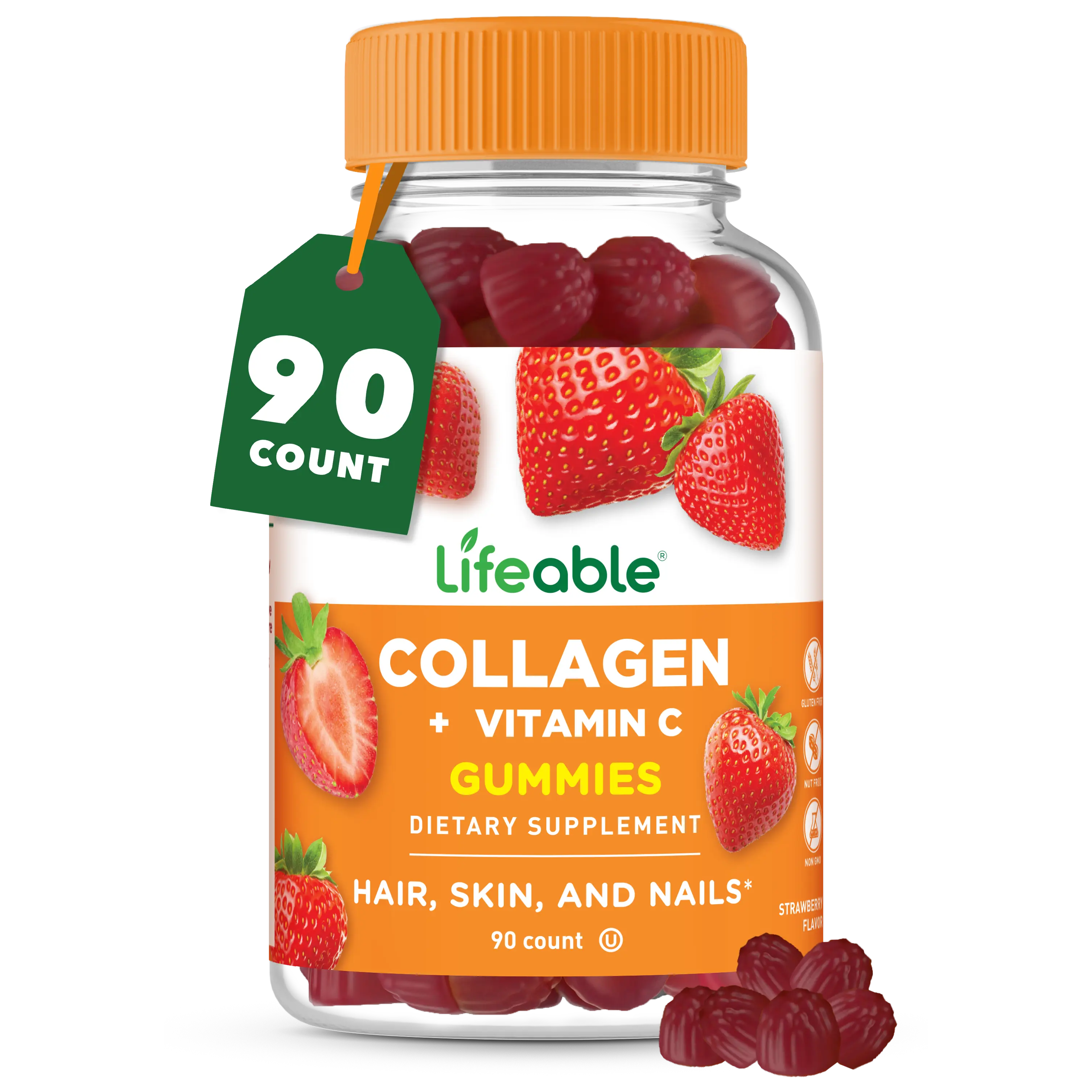 Lifeable Natural Collagen Peptides Gummy Vitamins for Adults, with Vitamin C & Hair Support, 90-Count Health Nutrition Beauty Supplement, Collagen Peptides Supplement