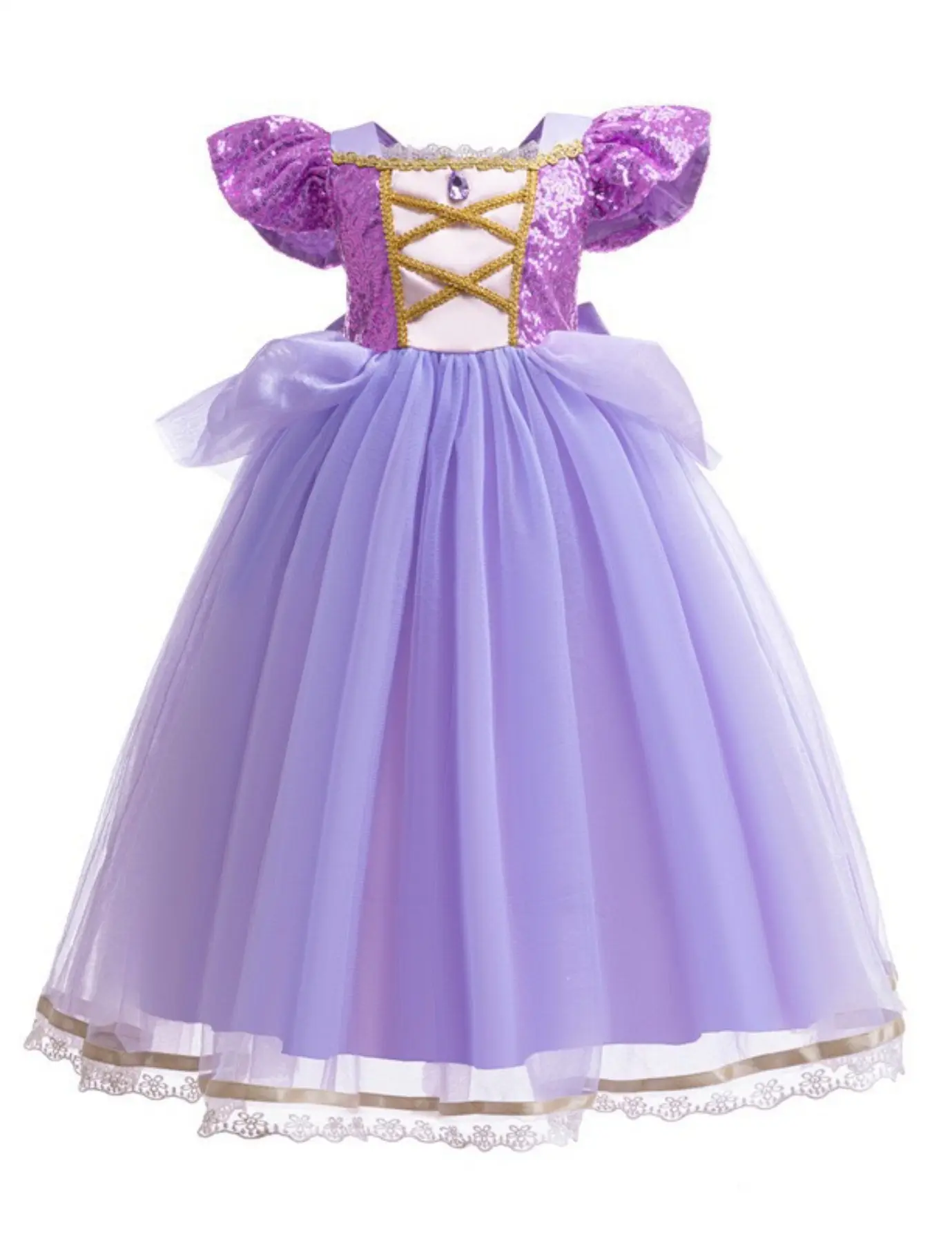 Girls' Shimmering Long Hair Princess Rapunzel Dress, Mesh Puff Ball Gown with Sequin Sleeves, Birthday Party/role Play Essential, Dress Up Gown, Birthday Clothes, Birthday Party Dresses