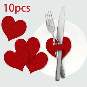 10 pieces of Valentine's Day heart-shaped cutlery rack, red felt heart-shaped Valentine's Day decorations, cutlery bags, pockets, dinner knives and forks, tablecloths, wedding, mother's day and party table cover for Valentine's Day gifts