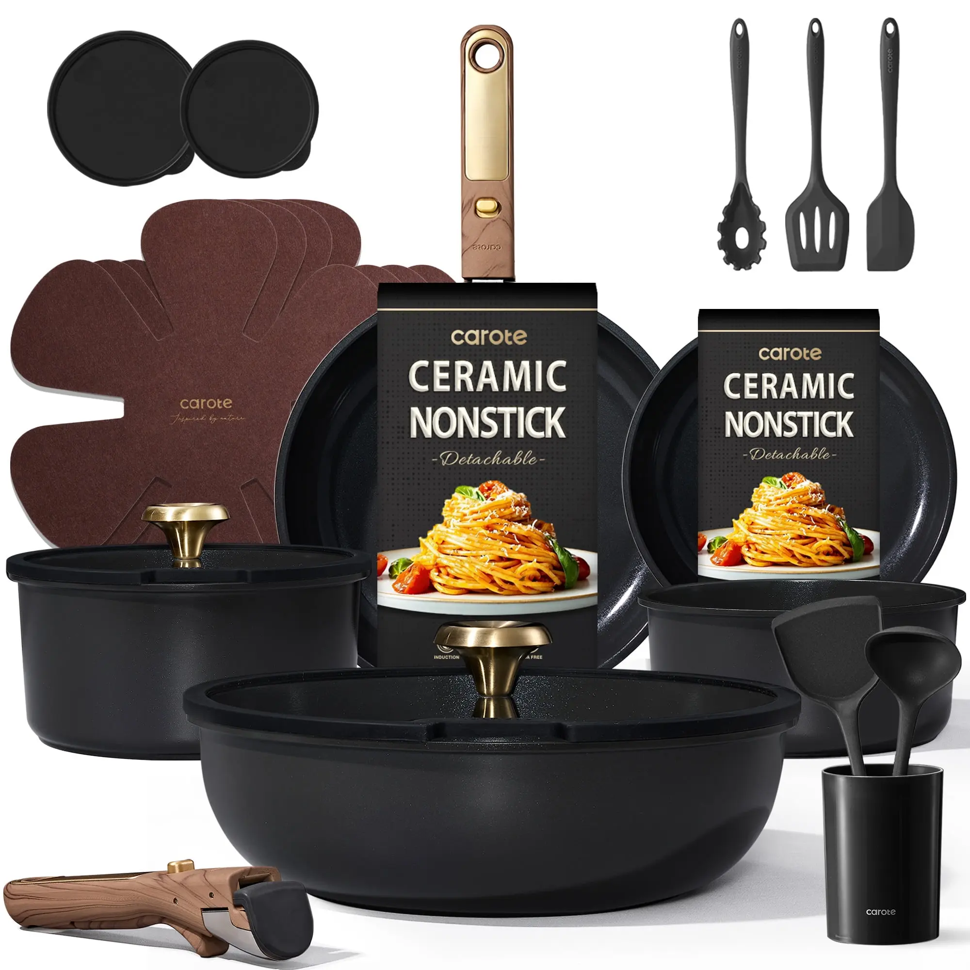 CAROTE 21-Piece Ceramic Cookware Set , Nonstick Pots and Pans Set with Detachable Handle and Lids, Induction Compatible, Black