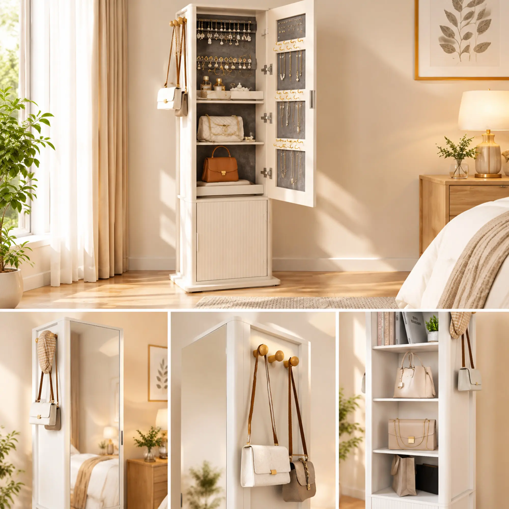 4-in-1 Makeup & Jewelry Cabinet with Coat Rack,  360° Rotating  Storage Cabinet with Full-Length Mirror, 4 Open Shelves & Hidden Storage for Home