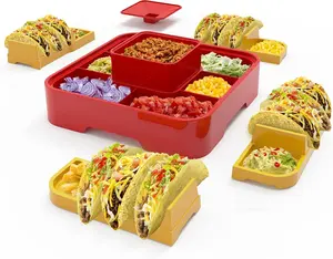 Taco Bar Serving Set for a Party - Taco Tuesday Kit of 4 Personal Taco Holders, Taco Night for Burritos, Nachos, 7 Compartments for Taco Toppings Partyreal