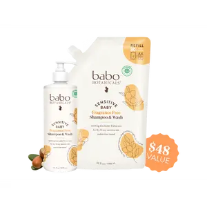Babo Botanicals Sensitive Baby Fragrance Free Shampoo & Wash with Refill – Soothing Shea Butter & Aloe Vera – For Dry & Very Sensitive Skin – Pediatrician Tested – 16 fl oz (473 ml) Bottle + 32 fl oz (946 ml) Refill