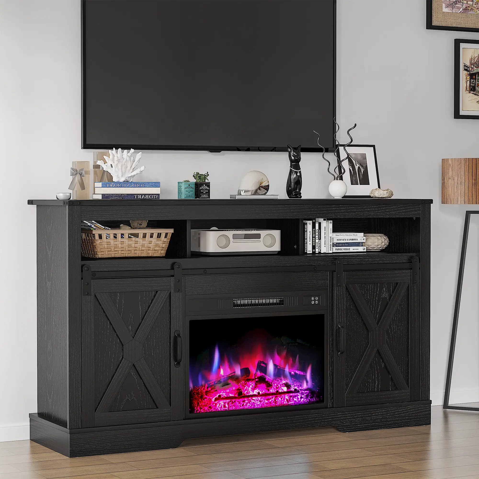 black-with fireplace