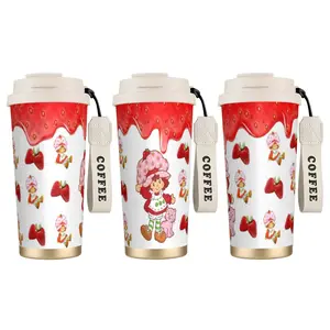 1pc 18oz Strawberry Girl Thermal Insulated Stainless Steel Coffee Mug, Charming Cartoon Design, Portable Lid-Included Cup for Hot & Cold Beverages, Ideal for Summer Picnics, Garden Parties