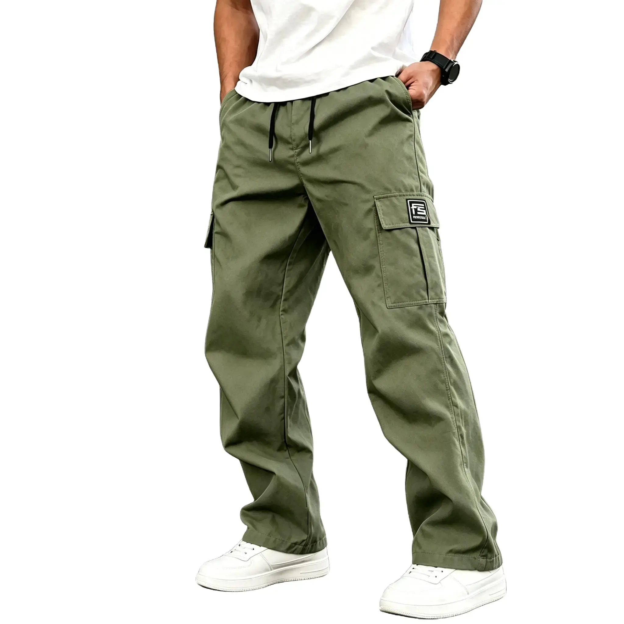 Men's Relaxed-Fit Plain Cargo Pants - Drawstring Waist, Lightweight Straight Leg, Menswear Casual Streetwear Utility Trousers with Pockets #fathersdaygift