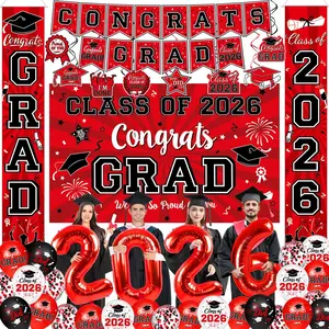 Graduation Decorations Class of 2026 Red Graduation Party Supplies with Congrats Grad Backdrop Banner Hanging Swirls Porch Sign Balloons for High School & College Celebrations