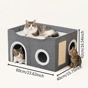 Foldable Enclosed Cat Bed Suitable for All Seasons - Double-Layer Sisal Scratching Post with Multiple Openings, Fully Assembled Suitable for Indoor Cat House, No Assembly Required, Modern Design for Small Spaces for & Kittens