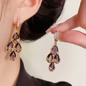 Unique Diamond-Studded Water Drop Tassel Earrings for Women DDES0587 Vintage Versatile High-End Earrings 14K Gold-Plated