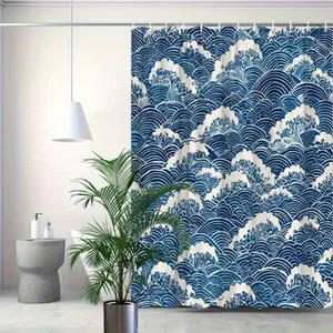 1pc Kanji Wave Shower Curtain - Deep Blue & White Ukiyo-e Style Bathroom Decor with Repeating Ocean Waves Design, 70. 8x70. 8 Inches, Polyester Fabric, Includes 12 Hooks, Bathtub Privacy Screen, Modern Bathroom Decor, Easy Maintenance Fabric, Home Goods