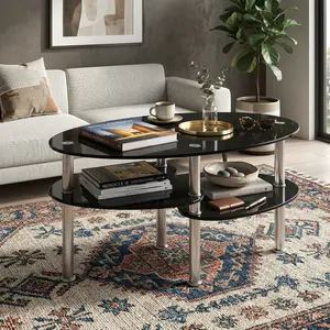 Tempered Glass Oval Side Coffee Table with Shelf Base, Living Room Center Table, Modern Tempered Glass Coffee Table for Home Decor