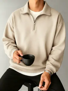 Men's Half-Zip Pullover Sweatshirt, Minimalist Aesthetic, Soft Fleece Fabric, Casual Stand Collar, Comfortable for Coffee Time, Commuting, Weekend Gatherings