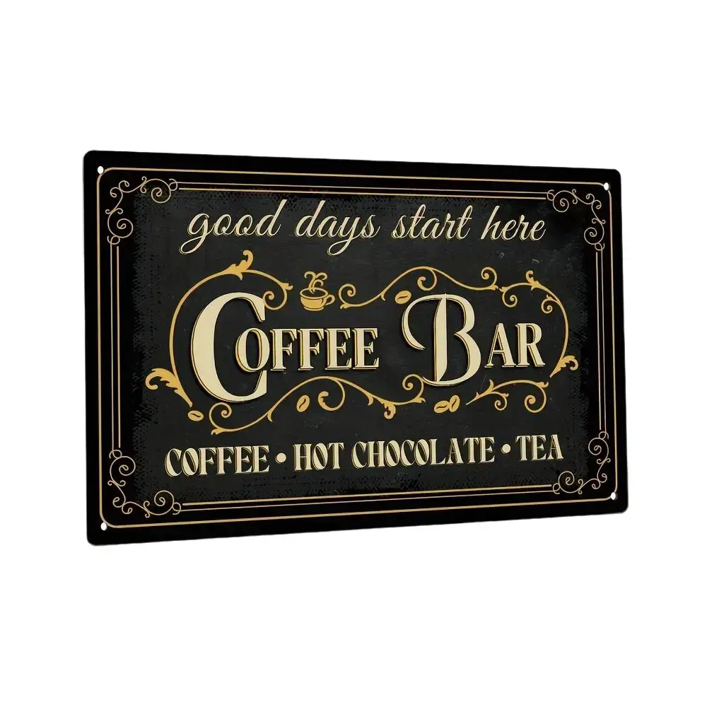 Vintage Coffee Bar Metal Tin Sign - 7.8 x 11.8 Inches, Black with Golden Floral Design, Perfect for Cafe, Bar, Living Room, or Kitchen Wall Decor, Coffee Bar Accessories