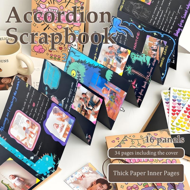 99+ Inch Accordion Foldable Scrapbook Album - Preserves Memories, for Weddings, Travel, Lovers, Friends, Graduation, Anniversary, Family | DIY Craft Kit with Markers, Stickers, Dot Glue & Gift Bag