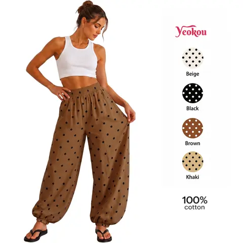 Yeokou Womens Polka Dots High Waist Elastic Balloon Casual Lounge Pants