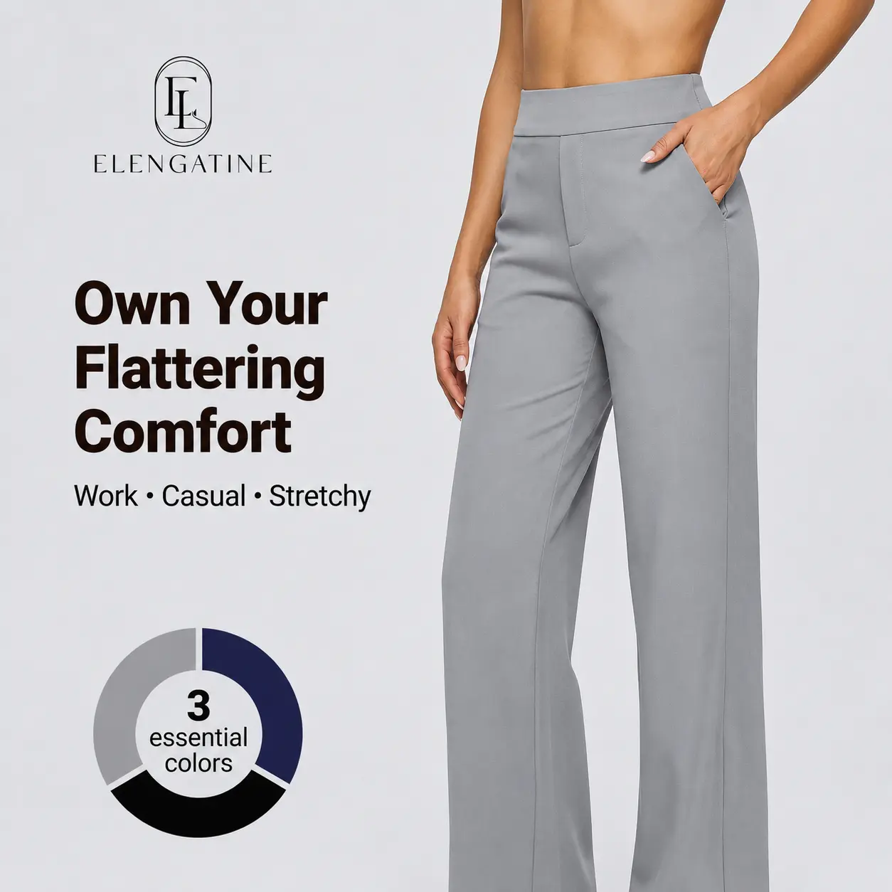Elengatine Women High Waisted Wide Leg Pants with Pockets, Stretchy Pull On Dress Yoga Pants, Comfortable Straight Leg Casual Trousers for Work Business Casual, Soft Flowy Lounge Pants for Travel, Daily Wear, Office & Street Style