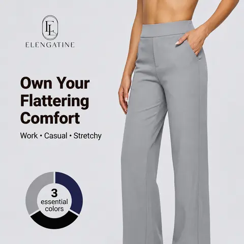 Elengatine Women's High-Waisted Wide Leg Pants - Lightweight, Stretchy Pull-On Fabric Trousers with Pockets, Chic Fit for Office, Daily Wear