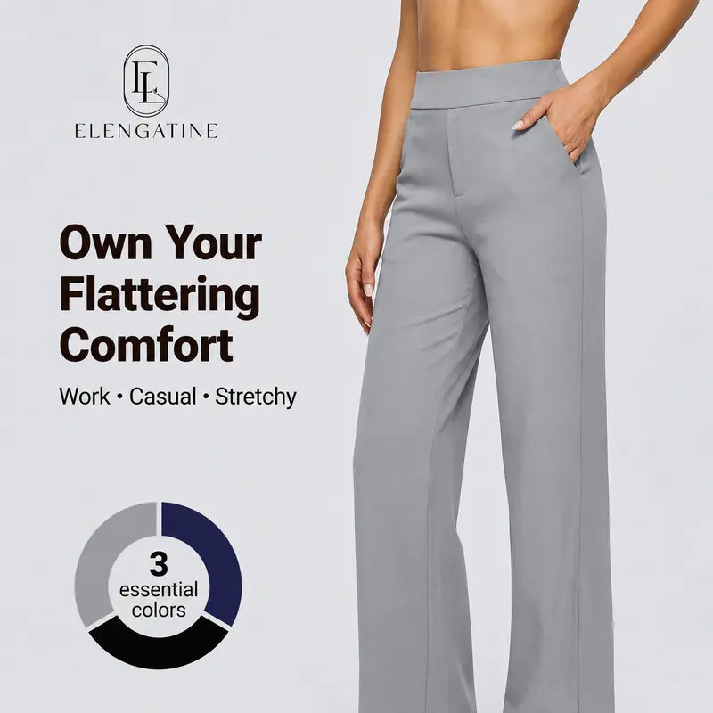 Elengatine Women's High-Waisted Wide Leg Pants - Lightweight, Stretchy, Soft Smooth Elegant Pull-On Fabric Trousers with Pockets for Lady Office, Daily Wear