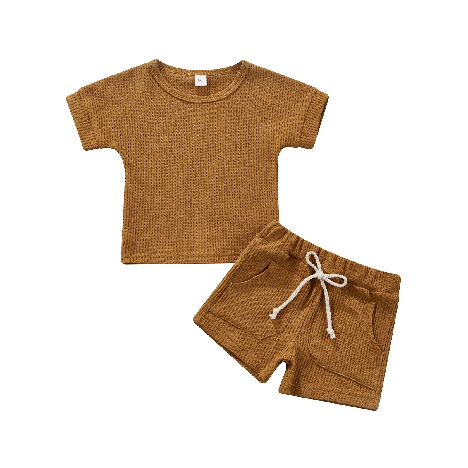 Kids Suit Set, Solid Color Round Neck Short Sleeve T-Shirt+ Shorts with Pockets for Girls Boys, 6 Months-4 Years  2 Pieces